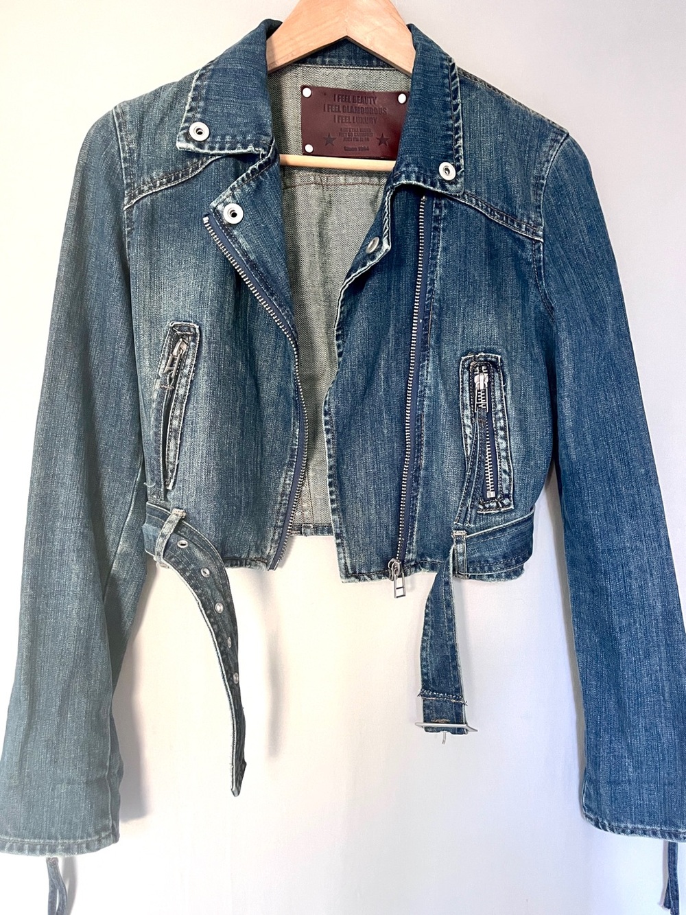 Egoist Cropped Denim Moto Jacket Y2K Buckle Detail XS S